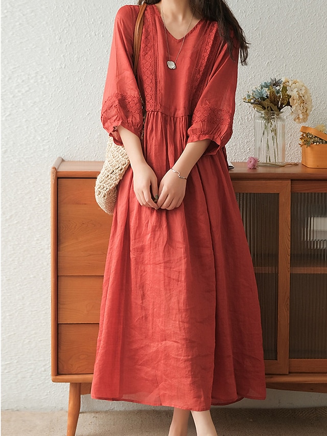 Women's Cotton Linen VNeck Ruched Sleeve Midi Swing Dress Summer Spring Casual Outdoor Black