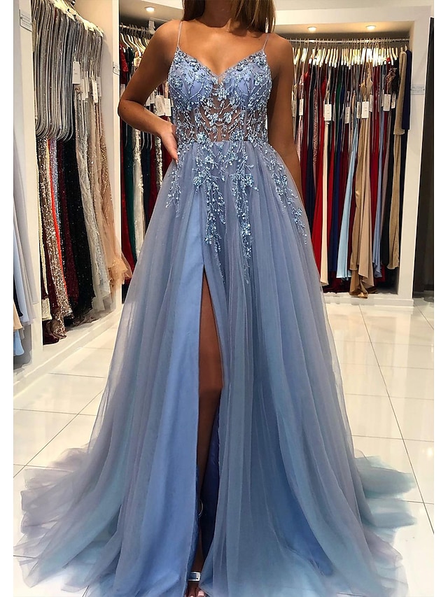  A-Line Prom Party Dress Princess Dress Formal Prom Court Train Sleeveless V Neck Tulle with Beading 2024