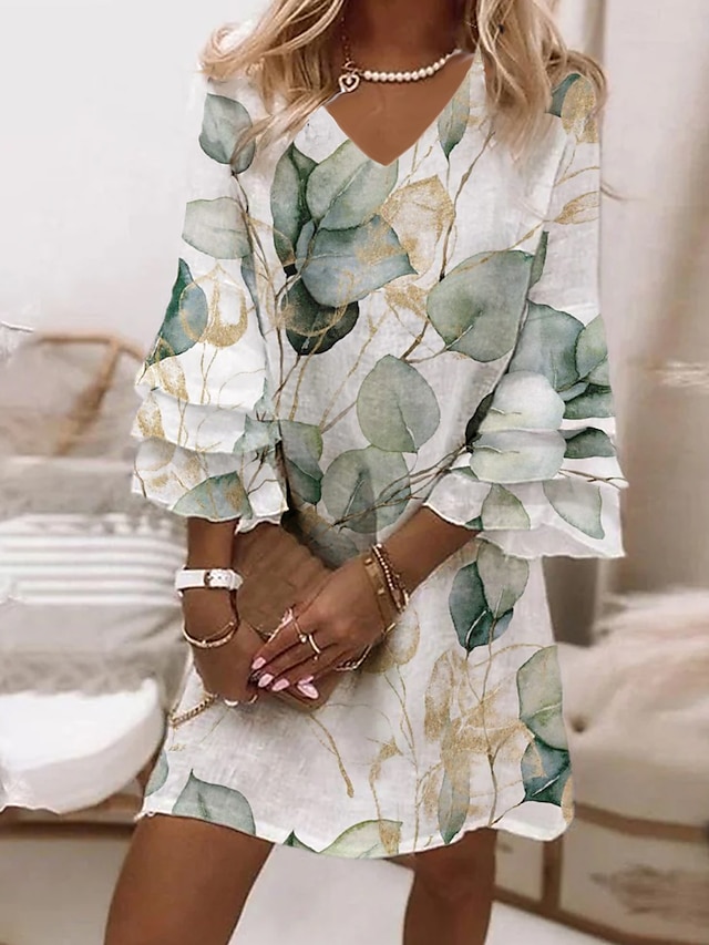  Γυναικεία Φλοράλ Γραφική Στάμπα Λαιμόκοψη V Φουντωτό μανίκι Μίνι φόρεμα Κλασσικό Καθημερινά Διακοπές 3/4 Μήκος Μανικιού Καλοκαίρι Άνοιξη
