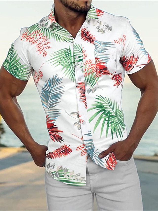  Men's Shirt Summer Hawaiian Shirt Button Up Shirt Summer Shirt Casual Shirt Yellow Green Short Sleeves Graphic Leaf Turndown Street Vacation Button-Down Clothing Apparel Casual Modern Contemporary