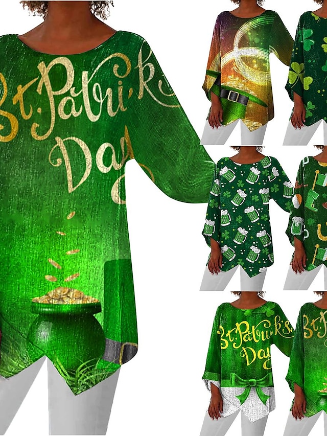  Dame Skjorte Bluse Grafisk Blad St. Patrick's dag Trykt mønster Assymetrisk Avslappet Grunnleggende Langermet Rund hals Gressgrønn