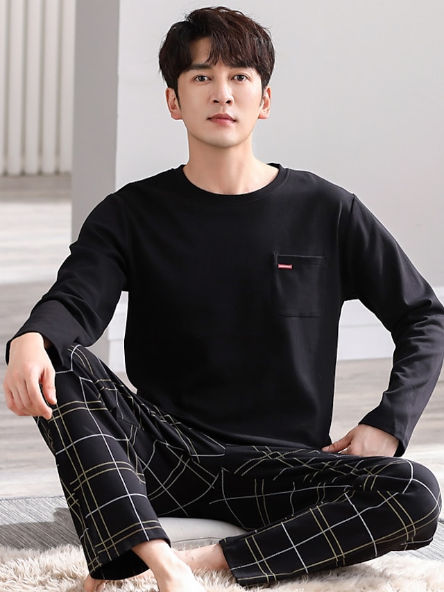  Men's Loungewear Pajama Set Pajama Top and Pant 1 set Plaid Stylish Casual Home Daily Bed Cotton Breathable Soft Crew Neck Short Sleeve T shirt Tee Pant Elastic Waist Spring Summer Black