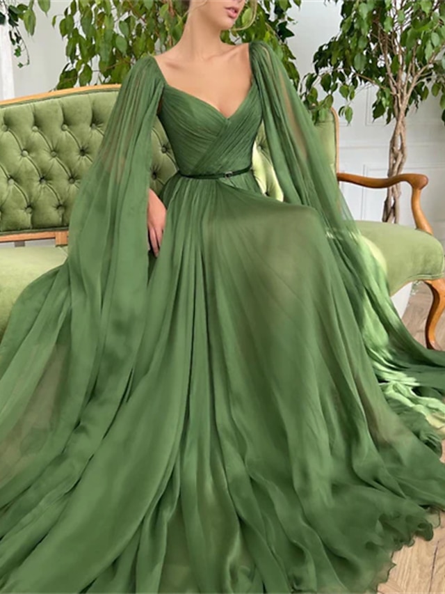  Γραμμή Α Βραδινά φορέματα Κομψό Φόρεμα Γαμήλιο Πάρτι Ουρά μέτριου μήκους Αμάνικο Λαιμόκοψη V Φθινοπωρινός καλεσμένος γάμου Σιφόν με Πιασίματα 2024