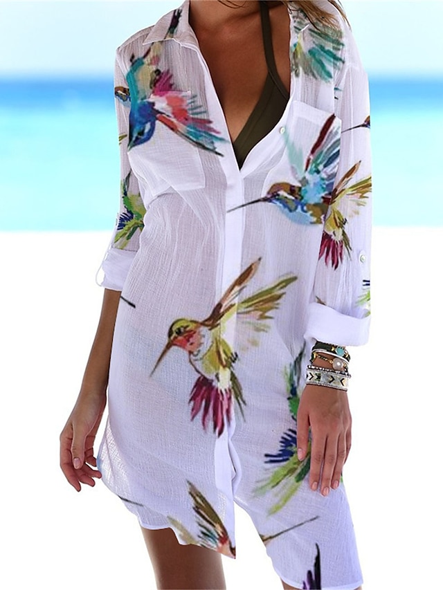 Women‘s Shirt Dress Cover Up Beach Dress Beach Wear Mini Dress Pocket ...