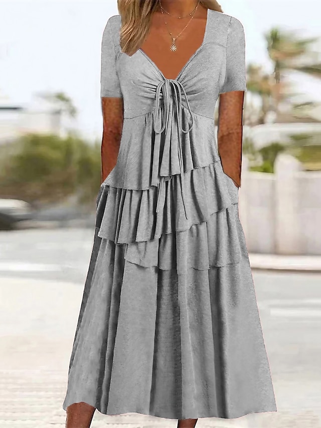 Women's Summer Dress Pleated Dress Plain Lace up Ruched V Neck Midi ...