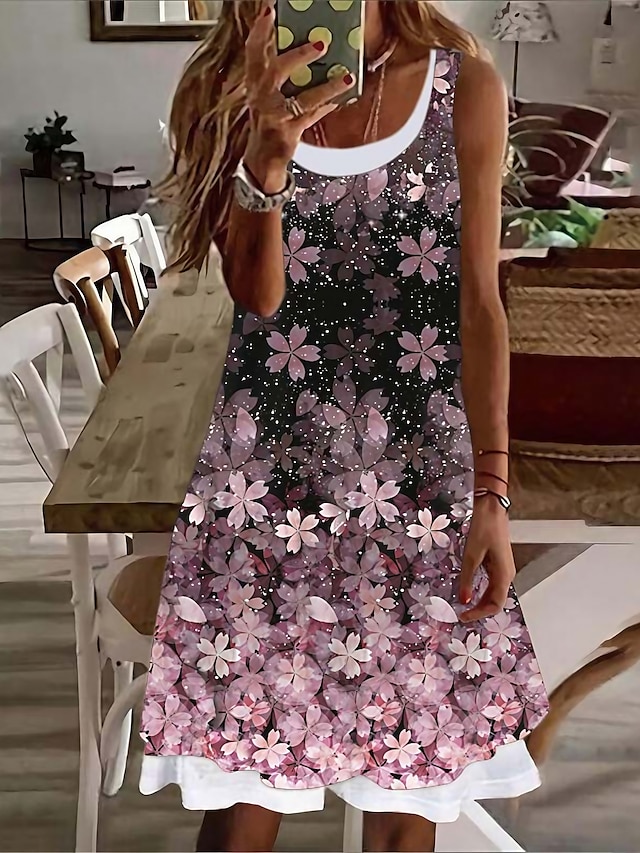  Dame Tankkjole Blomstret Trykt mønster U-hals Mini kjole Daglig Feriereise Ermeløs Sommer Vår
