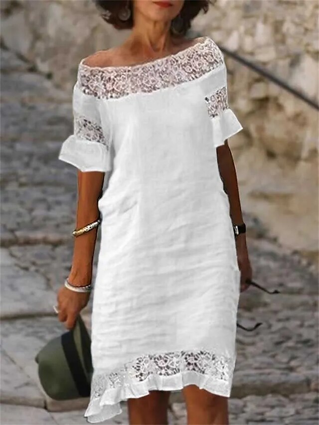 Women's Cotton Linen Dress Casual Dress Shift Dress Midi Dress Cotton ...