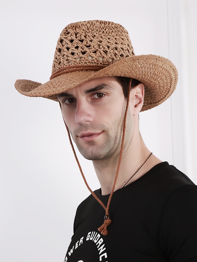 Men's Straw Hat Sun Hat Fedora Trilby Hat Brown khaki Straw Rope