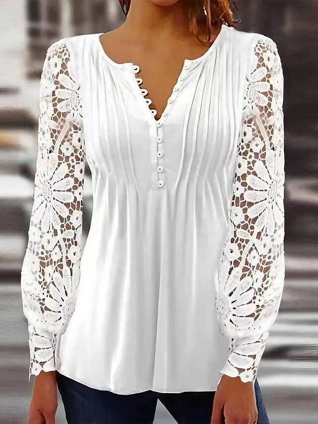 Women's Lace Shirt Shirt Blouse Floral Casual Puff Sleeve White Pink ...