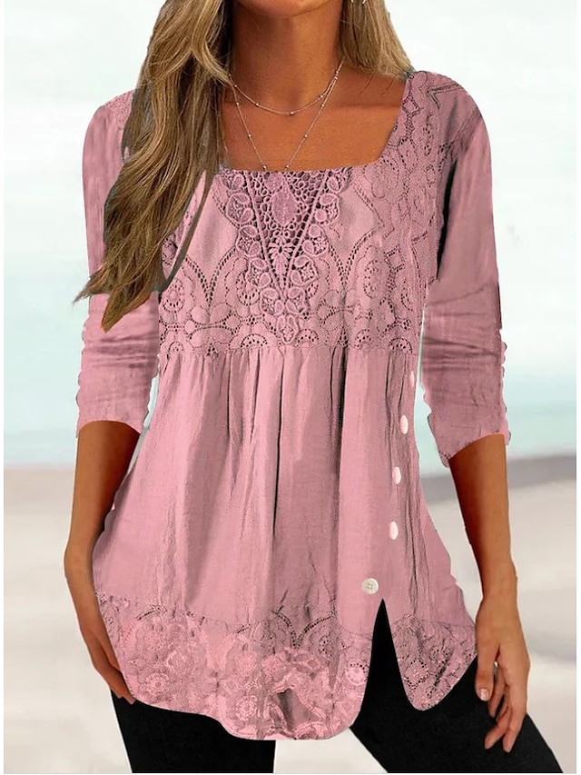  Women's Shirt Lace Shirt Blouse Basic Lace Long Sleeve Regular Tops Square Neck Casual Pink Dark Green Gray Spring Fall