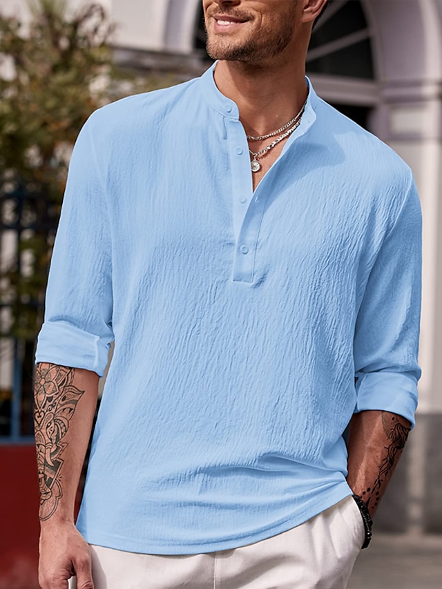  Men's Linen Shirt Collar Spring & Summer Long Sleeve Black White Blue Plain Casual Daily Clothing Apparel
