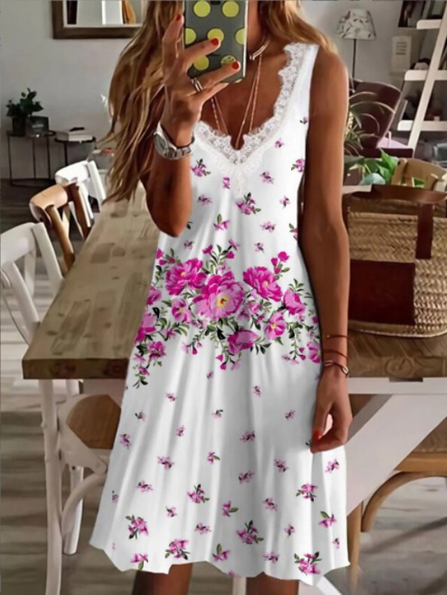 Damen Lässiges Kleid Tank Top Kleid Kleid Drucken Blumen Glatt Bedruckt V Ausschnitt Midikleid