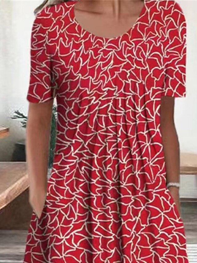 Women's Summer Dress Print Dress Geometric Print Ruched Crew Neck Midi ...