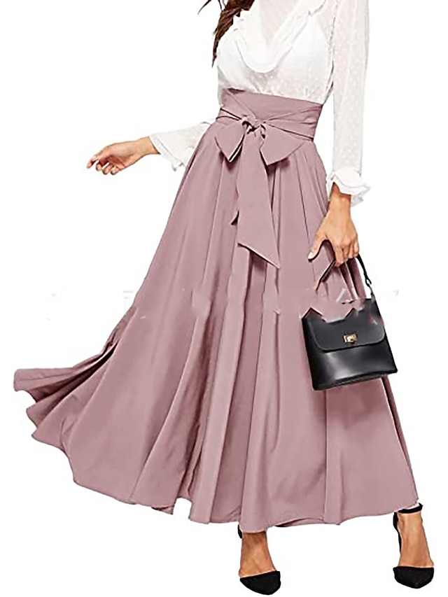  Femme Balançoire Jupes de travail Jupe longue Elégant Mode Décontractées Maxi Jupes Couleur Pleine Plissé Plein Air Sortie Noir Jaune Rose Claire Vin Toutes les Saisons Mélange de Coton