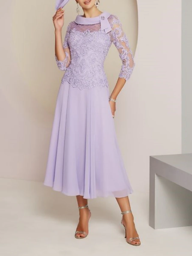 Sheath / Column Mother of the Bride Dress Wedding Guest Party Sweet Scoop Neck Tea Length Chiffon Lace 3/4 Length Sleeve with Pleats Beading 5