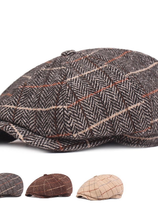 Men's Beret Hat Newsboy Hat Tweed Cap Beige Coffee Polyester Streetwear ...