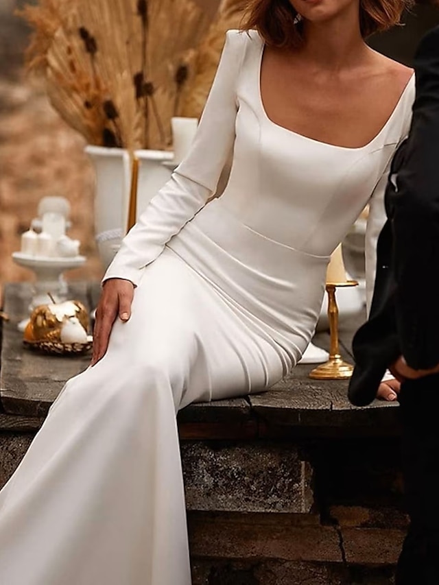  recepcja odkryte plecy styl królewski proste suknie ślubne syrenka / trąbka kwadratowy dekolt długi rękaw tren sądowy satynowe suknie ślubne w jednolitym kolorze lato wesele 2024