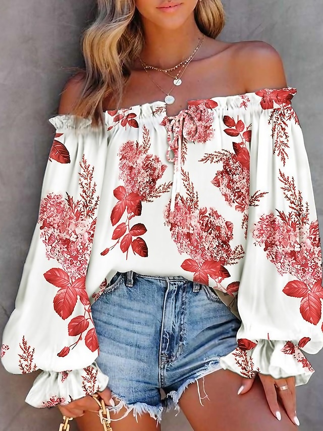  Women's Shirt Boho Shirt Lace Shirt Going Out Tops Floral Graphic Lace up Ruffle Print Casual Holiday Elegant Fashion Basic Lantern Sleeve Long Sleeve Off Shoulder Red Spring Fall