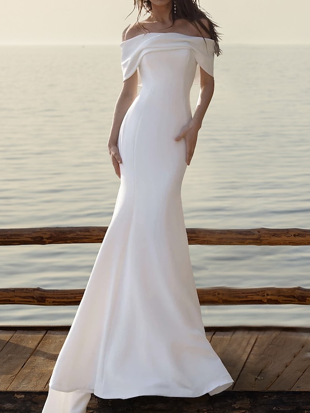  Beach Simple Wedding Dresses Mermaid / Trumpet Off Shoulder Cap Sleeve Court Train Satin Bridal Gowns With Ruched 2024