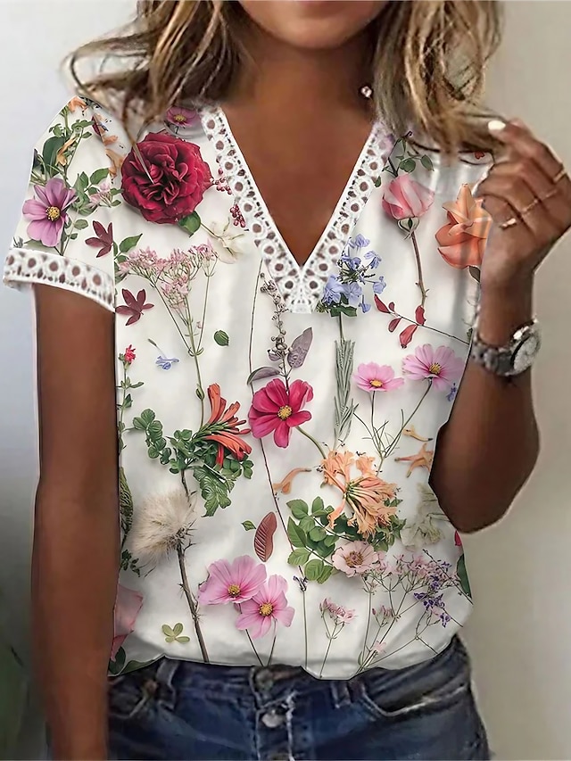  Femme T shirt Tee Floral Géométrique Blanche Rose Claire Bleu Dentelle Imprimer Manche Courte Casual du quotidien basique Col V Standard