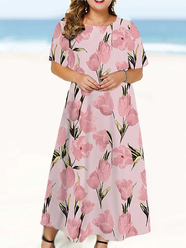Women‘s Plus Size Curve Casual Dress Floral Long Dress Maxi Dress Short ...