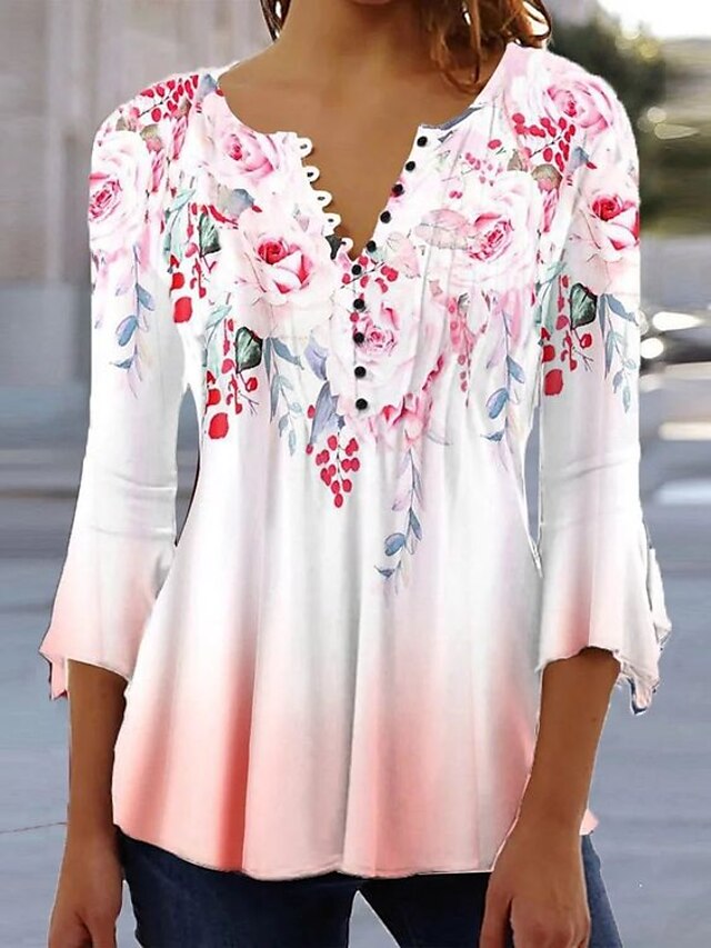 Women's Shirt Blouse Floral White Pink Green Button Print 3/4 Length ...