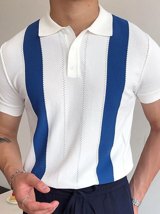  Per uomo Polo in maglia POLO Esterno Strada Collo ripiegabile Bottoni Manica corta Informale Stile dei soldi vecchi A strisce Pulsante frontale Estate Primavera Autunno Standard Nero Bianco Blu Verde