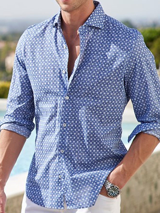  男性用 シャツ ボタンアップシャツ カジュアルシャツ ブルー 長袖 フラワー 折襟 ストリート 日常 衣類 ファッション レジャー 快適