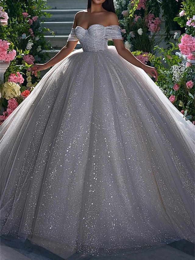  Engagement Sparkle & Shine Formal Wedding Dresses Ball Gown Off Shoulder Cap Sleeve Chapel Train Sequined Bridal Gowns With Solid Color 2024