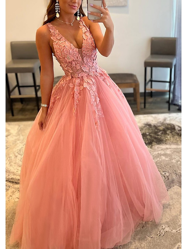  A-Line Prom Dresses Open Back Dress Formal Wedding Guest Floor Length Sleeveless V Neck Tulle Backless with Pleats Beading Appliques 2024