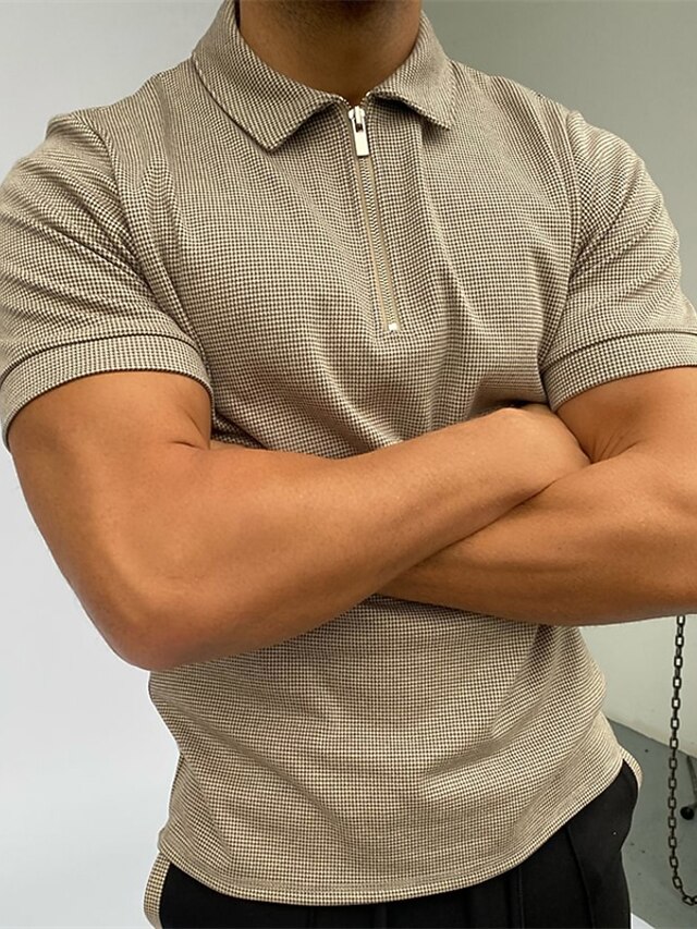 Men's Zip Polo Turndown Summer Short Sleeve Black Khaki Plain Outdoor