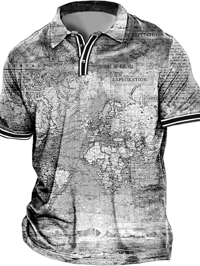 Men's Plus Size Polo Shirt Big and Tall Map Turndown Print Short Sleeve