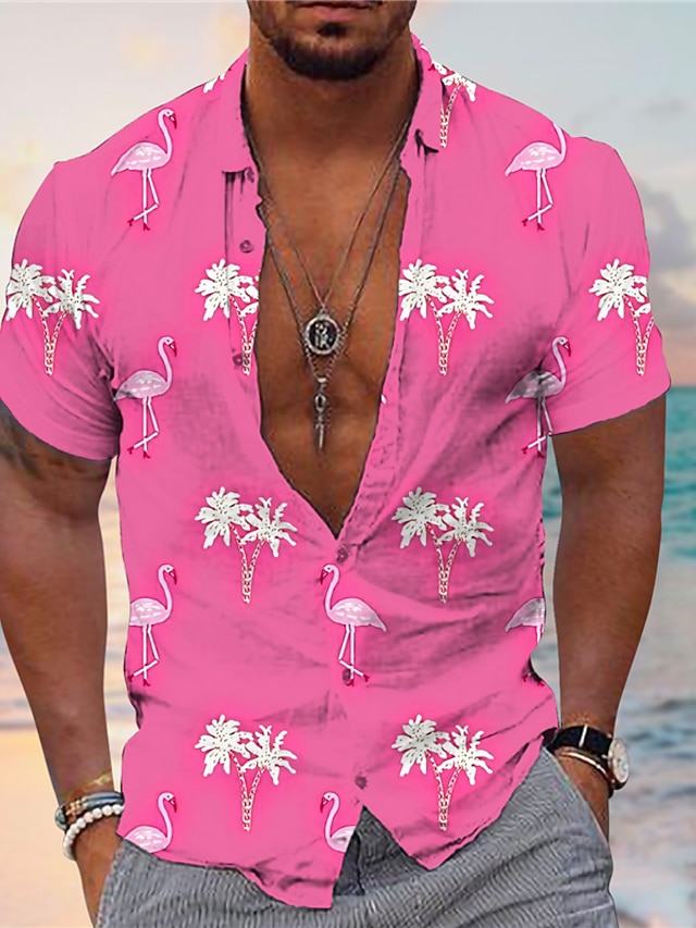  Men's Shirt Summer Hawaiian Shirt Flamingo Coconut Tree Graphic Prints Turndown Pink Navy Blue Blue Gray Daily Holiday Short Sleeves Button-Down Print Clothing Apparel Tropical Fashion Streetwear