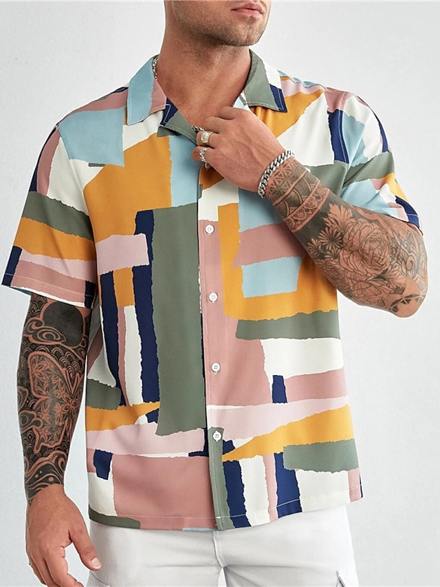  Men's Plus Size Summer Hawaiian Shirt Big and Tall Color Block Turndown Print Short Sleeve Spring & Summer Tropical Fashion Hawaiian Outdoor Street Tops