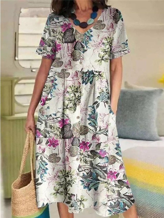 Women's Casual Dress Cotton Summer Dress Midi Dress Linen Pocket Print