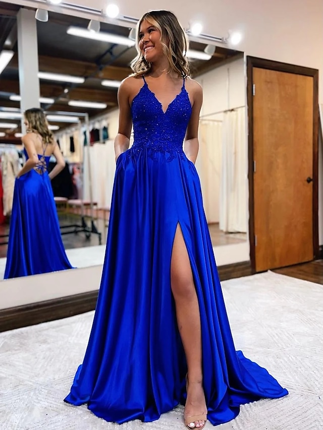  A-Line Prom Dresses Empire Dress Formal Wedding Guest Court Train Sleeveless V Neck Satin Backless with Beading Appliques 2024
