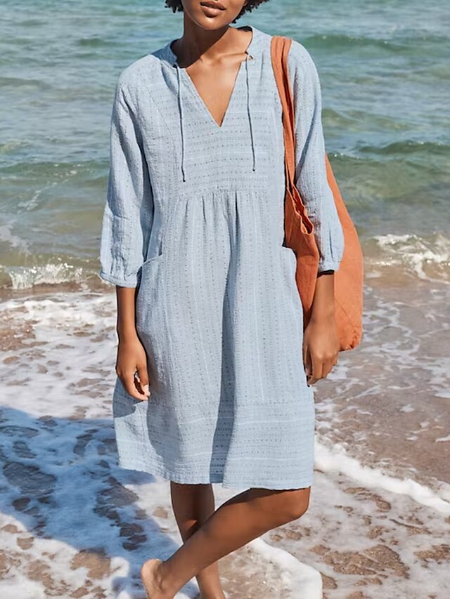  Robe en coton et lin Robe casual Femme Robe mi-longue Coton basique Classique Extérieur du quotidien Vacances Col V Ruché Poche Manches 3/4 Eté Printemps Automne 2023 Standard Blanche Bleu Vert Plein