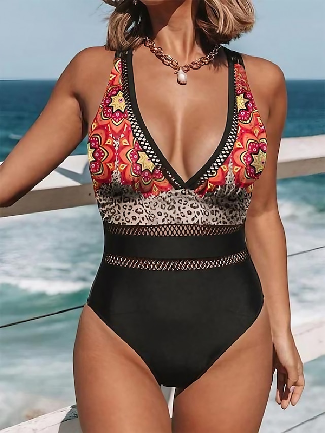  Women's Swimwear One Piece Monokini Normal Swimsuit Halter Printing Leopard Black Bodysuit Bathing Suits Sports Beach Wear Summer