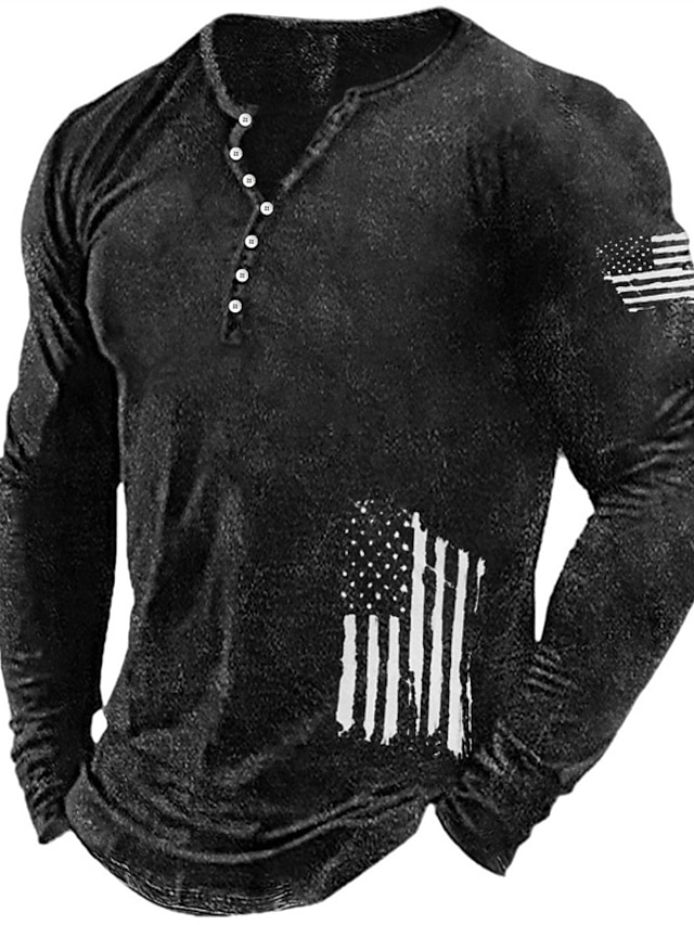  Graphic Prints National Flag Designer Basic Modern Contemporary Men's Hot Stamping Henley Shirt Graphic Tee Long Sleeve Shirt Street Vacation Going out T shirt Black Red Navy Blue Long Sleeve Henley