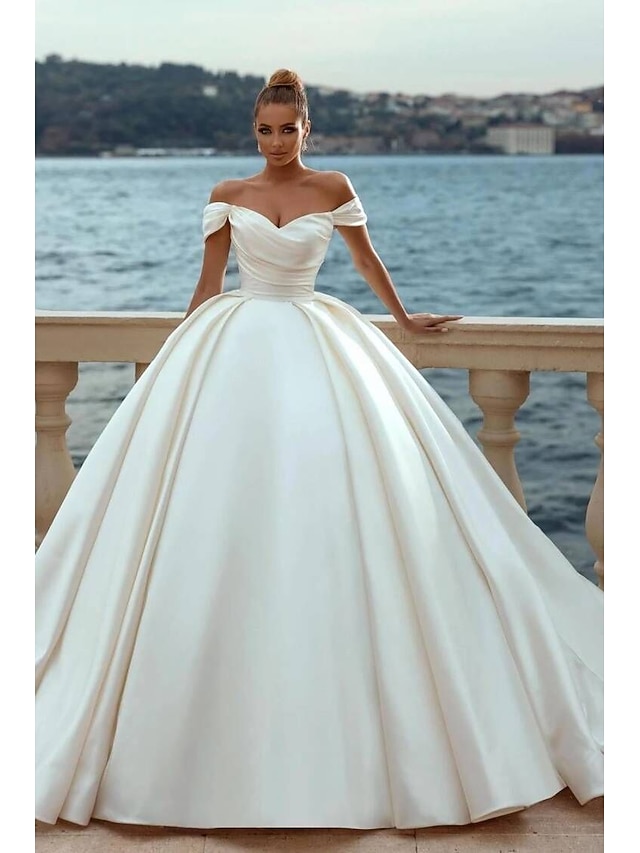 Off Shoulder Engagement Formal Wedding Dresses Ball Gown Cap Sleeve Court Train Satin Bridal Gowns With Ruched Solid Color main image 1