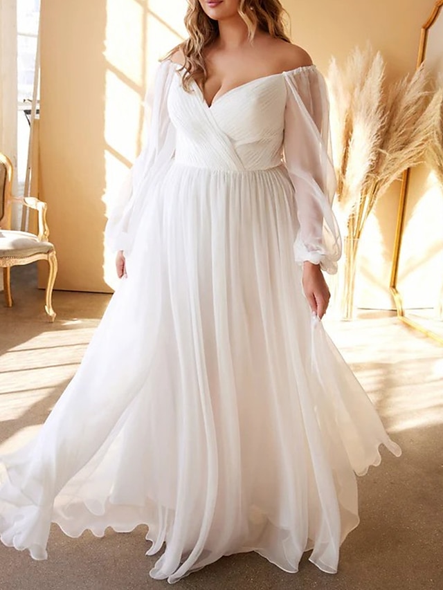  Beach Simple Wedding Dresses A-Line Off Shoulder Long Sleeve Floor Length Chiffon Bridal Gowns With Pleats Solid Color Summer Wedding Party 2024