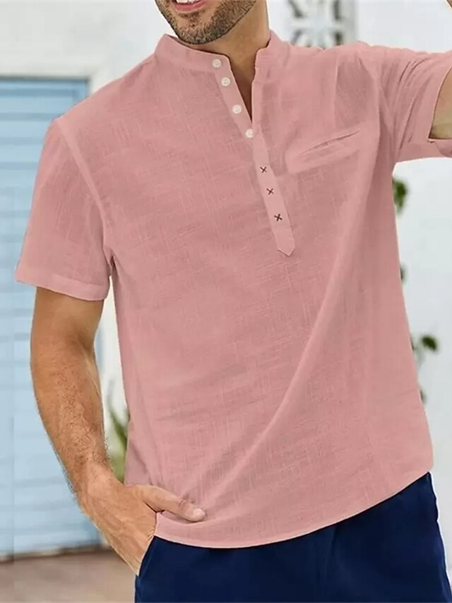Men's Linen Shirt Summer Shirt Beach Shirt White Pink Blue Short Sleeve Plain Standing Collar