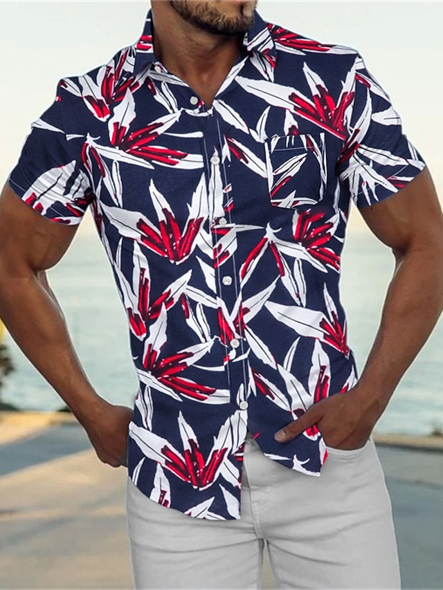  Men's Shirt Summer Hawaiian Shirt Button Up Shirt Summer Shirt Casual Shirt White Navy Blue Blue Short Sleeves Graphic Flower / Plants Turndown Street Vacation Button-Down Clothing Apparel Casual