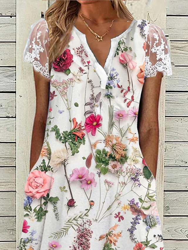 Women's Casual Dress Summer Dress Print Dress Floral Lace Pocket V Neck ...