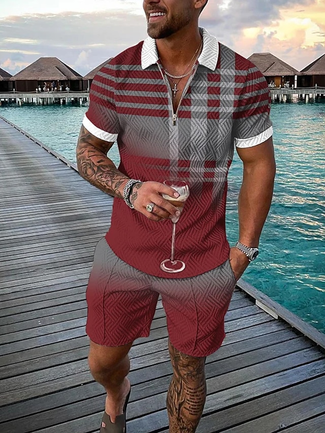 Men's Polo Shirt Golf Shirt Polo Set Graphic Plaid Turndown Wine Street ...