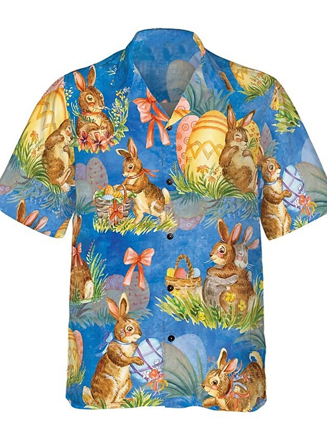  Men's Shirt Summer Hawaiian Shirt Rabbit Egg Happy Easter Easter Cuban Collar Blue Casual Holiday Short Sleeve Button-Down Print Clothing Apparel Sports Fashion Streetwear Designer
