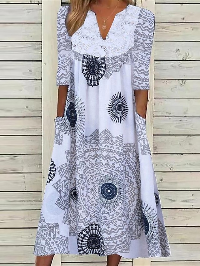  Women's Casual Dress Summer Dress Boho Dress Tribal Geometic Ruched Pocket V Neck Midi Dress Active Fashion Outdoor Daily Half Sleeve Loose Fit White Green Gray Spring Summer S M L XL XXL
