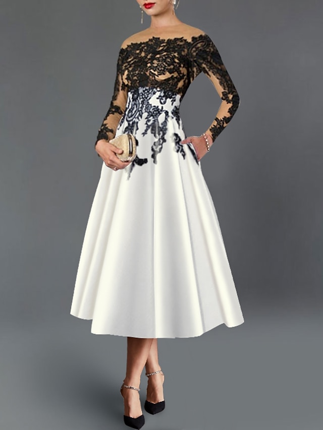  κοκτέιλ φορέματα σε γραμμή κομψό φόρεμα φθινοπωρινό νυφικό για τη μητέρα έγχρωμο μπλοκ επίσημο τσάι μήκους 3/4 μανίκι από τσέπη ώμου σατέν με τσέπη με κέντημα 2024
