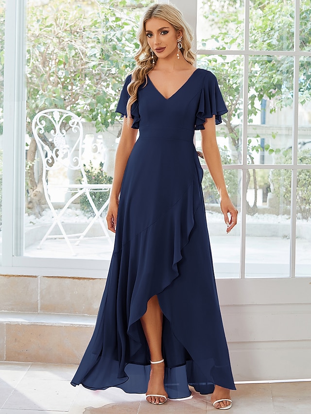  A-Line Wedding Guest Dresses Casual Dress Party Dress Wedding Party Asymmetrical Short Sleeve V Neck Bridesmaid Dress Chiffon with Ruffles Pure Color 2024