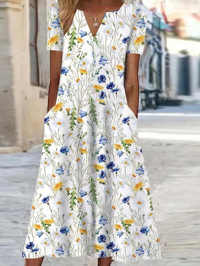  Γυναικεία Φόρεμα ριχτό Φλοράλ Τσέπη Στάμπα Λαιμόκοψη V Μίντι φόρεμα Διακοπές Κοντομάνικο Καλοκαίρι Άνοιξη